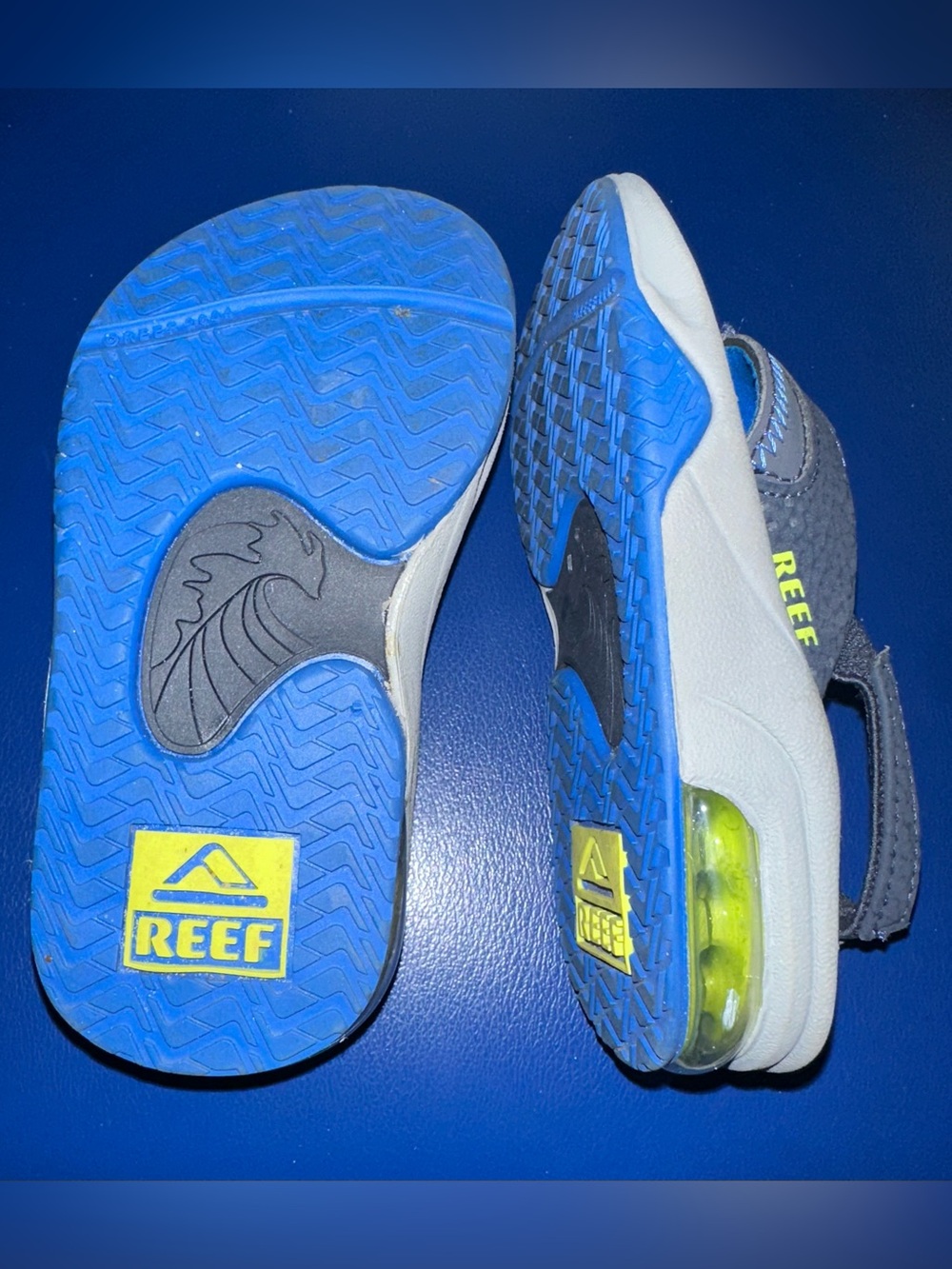 Reef Blue and Gray Slides with Neon Yellow Logo - Toddler size 3/4